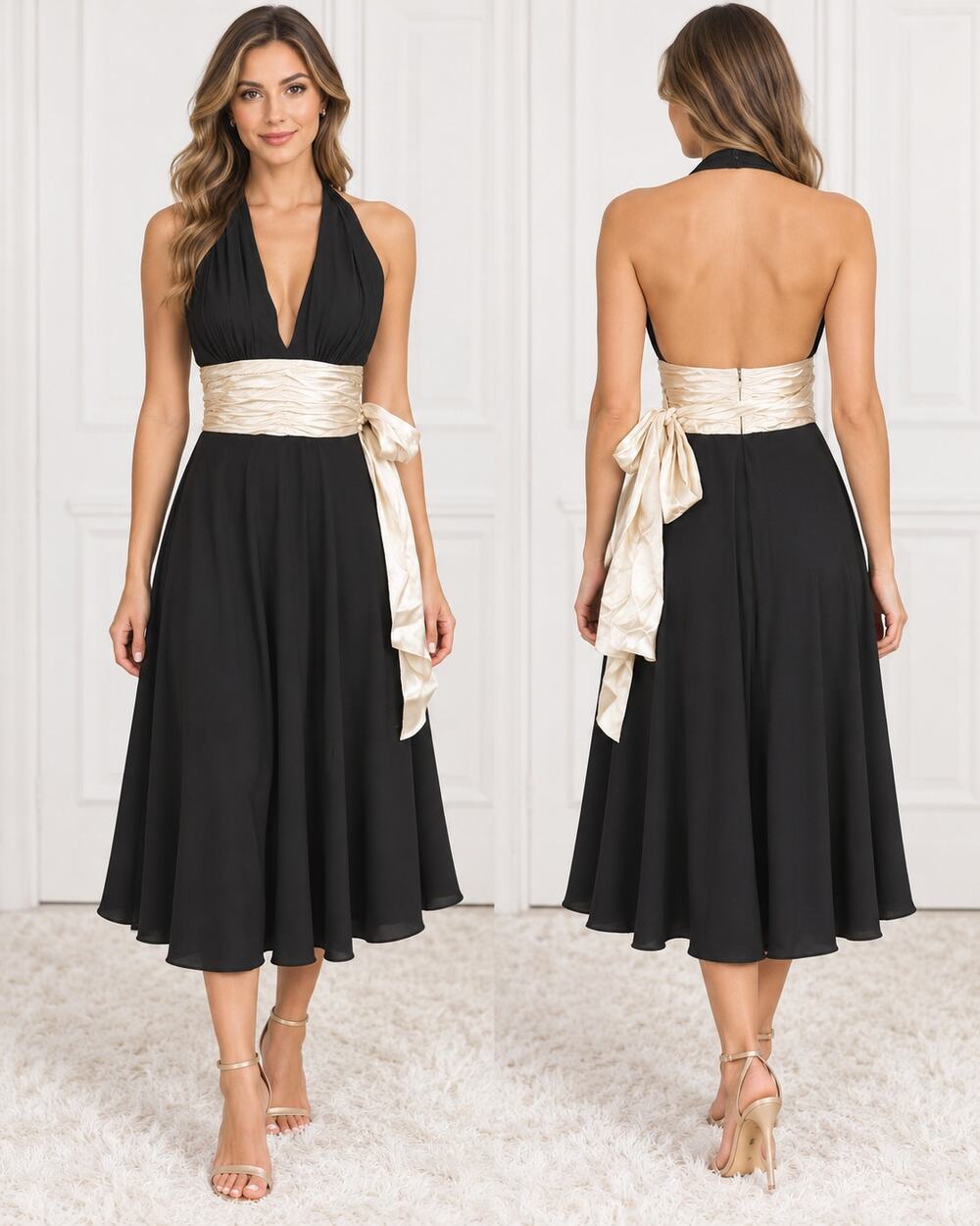 NWT Maggy London Ruched Halter Champagne Sash Black Dress
